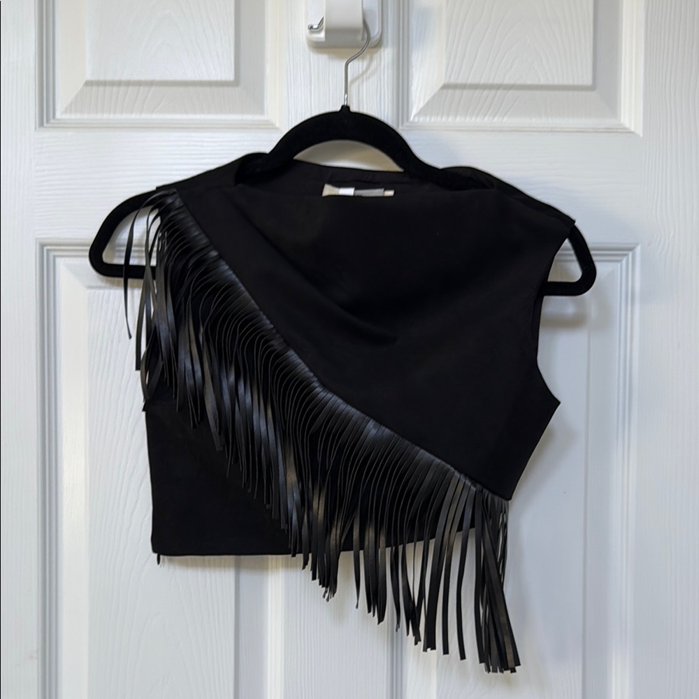 Ariana Asymmetric Fringe Sueded Top - Black